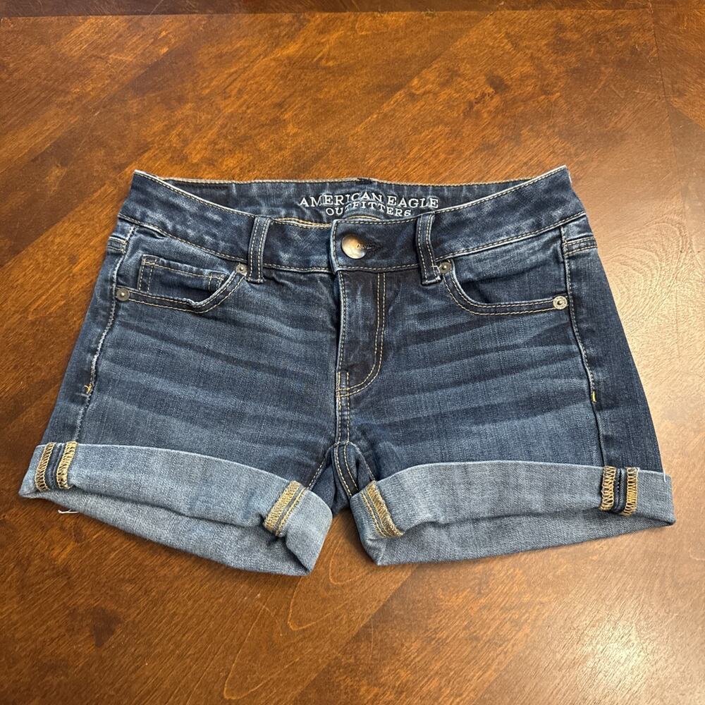 American Eagle Shorts Cuffed‎ 0 Blue Jean Shortie Super Stretch Denim Midi EUC